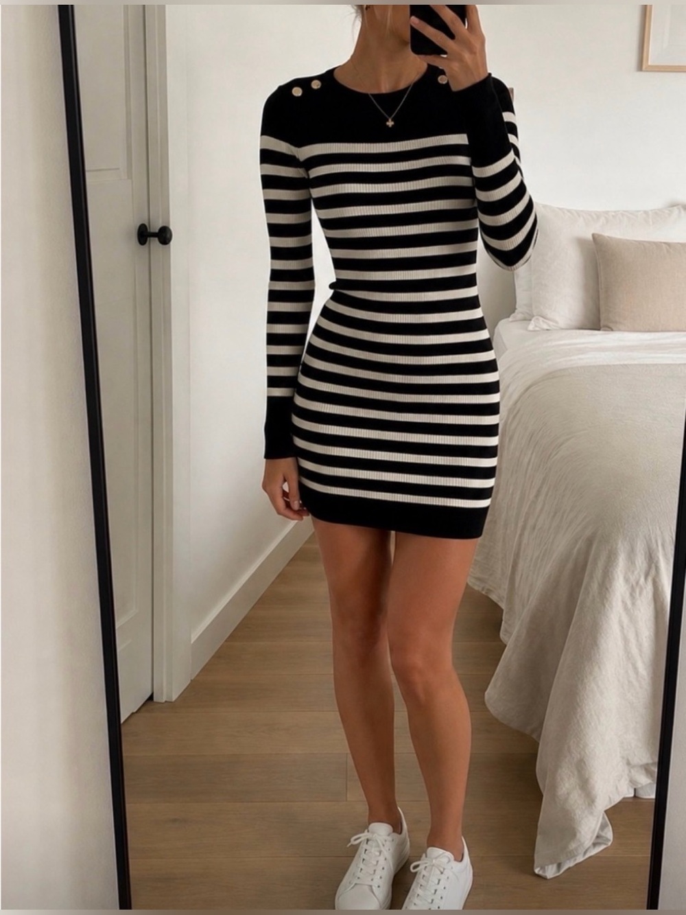Striped Black & White Knit Bodycon Dress Brand New